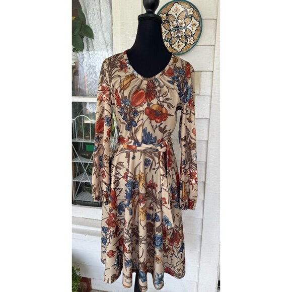 Vintage 70's Sears MOD Big Floral Belted Dress Beige Blue Size 10 - Picture 1 of 12